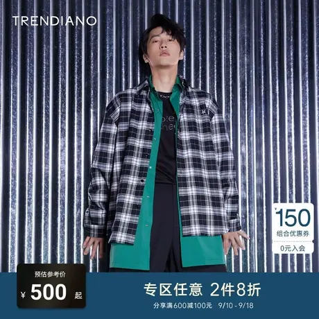 TRENDIANO官方潮牌秋季新款黑白格子刺绣长袖衬衫外套男士商品大图