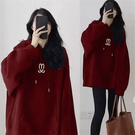大码卫衣酒红色外套秋冬2024胖mm休闲宽松加绒加厚款小众连帽卫衣商品大图