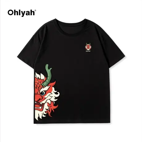 Ohlyah春夏新款龙头印花短袖男女同款宽松情侣T恤学院风班服定制商品大图