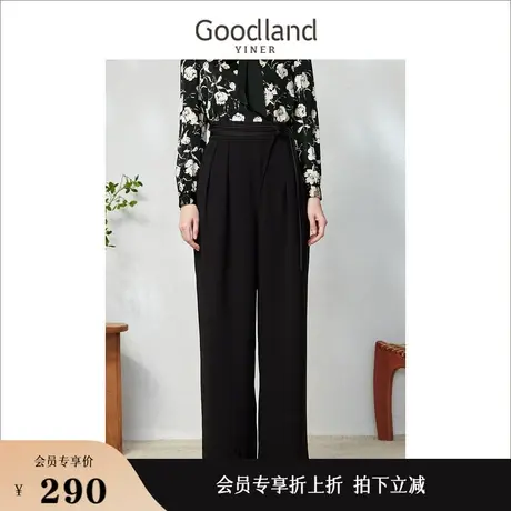 Goodland美地女装2023春季百搭中式立体捏褶直筒阔腿休闲裤图片