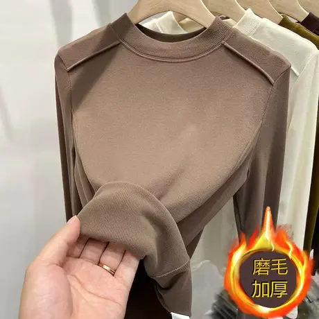 欧货立领打底衫女秋冬新款设计感磨毛螺纹长袖T恤洋气内搭上衣厚商品大图