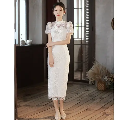 白色旗袍礼服女夏季敬酒服2023新款新娘订婚连衣裙登记领证小白裙商品大图