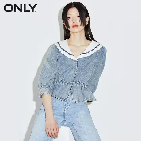 ONLY奥莱夏季百搭时尚荷叶边娃娃领短牛仔雪纺衫女商品大图