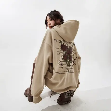 YEP美式复古连帽卫衣女春秋2024新款潮牌印花情侣装宽松外套上衣图片