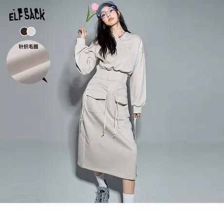 妖精的口袋修身连帽卫衣连衣裙女2024早春新款收腰设计感针织长裙图片