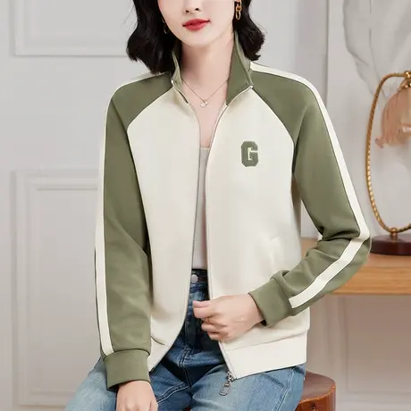 立领外套女春秋2024年新款时尚拼色百搭显瘦拉链卫衣开衫春装薄款商品大图