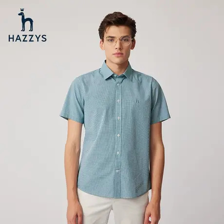Hazzys哈吉斯夏季新品男士短袖衬衫上衣格纹刺绣休闲潮流衬衣外套商品大图