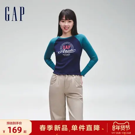 Gap女装2024春季新款logo撞色拼接插肩袖花边长袖T恤女友T888456图片