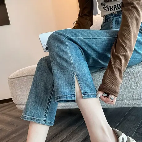 复古牛仔烟管裤女春夏九分高腰修身显瘦小个子法棍裤开叉小直筒裤图片