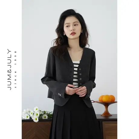 嘉茱莉2025新款V领短外套女小个子短款小西装外套女士设计感上衣图片