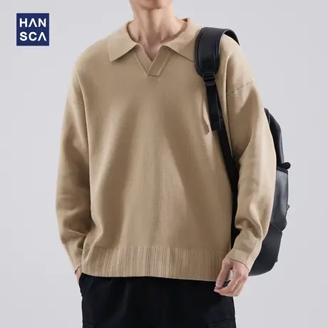 hansca秋冬季Polo领针织毛衣男纯色宽松慵懒风翻领内搭保暖毛线衣商品大图