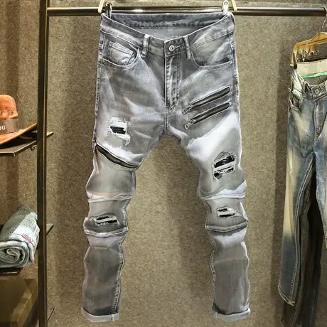 2024新款烟灰色拉链机车牛仔裤男修身小脚裤街头潮牌破洞补丁长裤商品大图