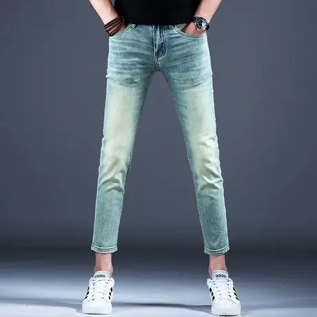复古做旧黄泥九分牛仔裤男款夏季2024新款弹力裤子男潮流小脚修身图片