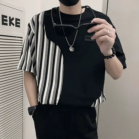 设计感韩版条纹拼接短袖T恤夏季潮牌半袖上衣男装个性轻熟半截袖图片