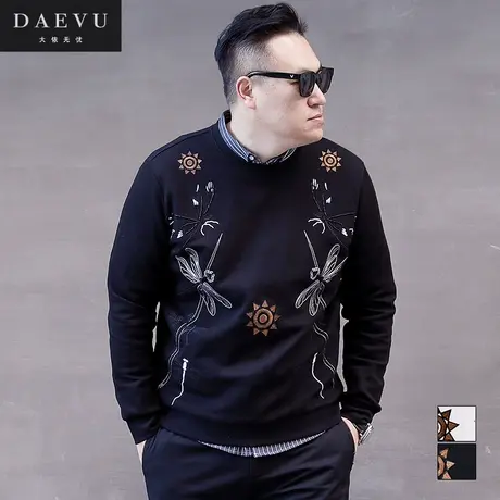 初春新款刺绣蜻蜓大号潮胖子加肥加大码男款圆领长袖卫衣商品大图