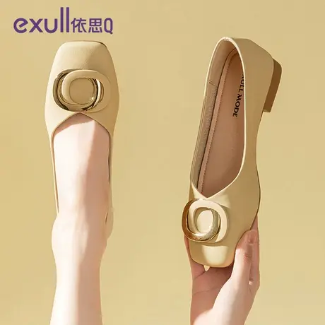 依思q鞋子女浅口低跟单鞋2023春秋新款小香风平底鞋女方头晚晚鞋商品大图