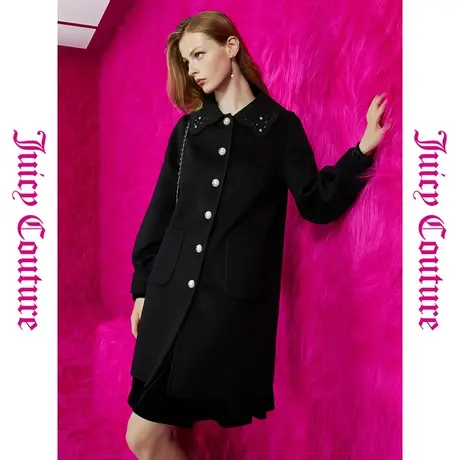 Juicy Couture橘滋秋冬新款夜幕流星珍珠扣烫钻花朵领羊毛大衣商品大图