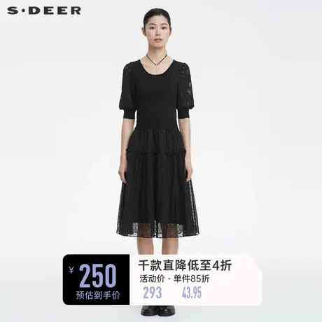 sdeer圣迪奥裙子女高级波点雪纺拼接针织黑色气质连衣裙S222Z1203图片