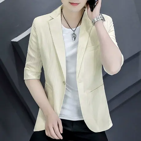 夏季时尚西装外套男士中袖潮流韩版高级感痞帅条纹五七分袖小西服商品大图