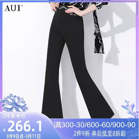AUI黑色高级感气质休闲裤子女2023夏新款修身显瘦高腰百搭喇叭裤图片