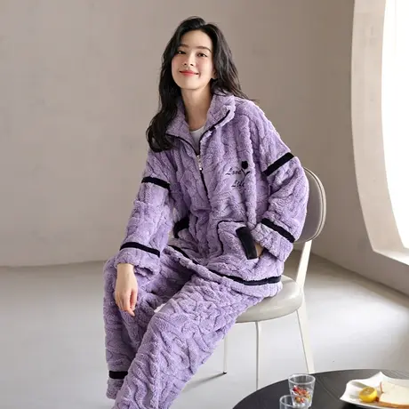 婷美新款珊瑚绒睡衣女冬季立领加绒加厚保暖长毛绒套装家居服大码图片