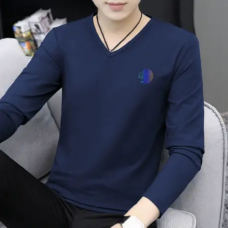 莫代尔长袖t恤男装V领秋季上衣服印花潮流潮牌内搭打底衫秋衣小衫商品大图