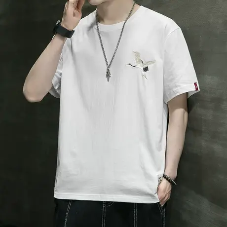 棉感短袖t恤男士2023夏季新款潮牌刺绣白色宽松体恤中国风上衣潮商品大图