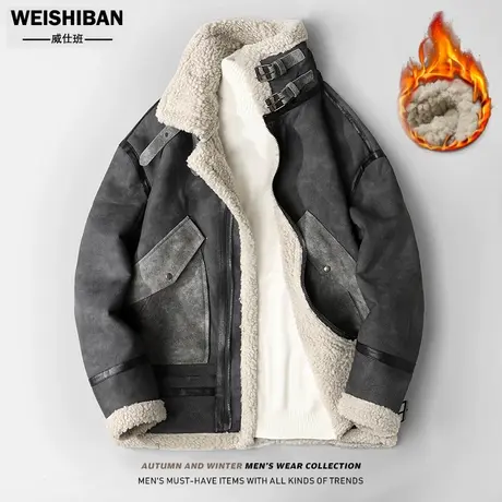 高级感皮毛一体羊羔毛保暖外套冬季男士加绒加厚防风机车服pu皮衣商品大图