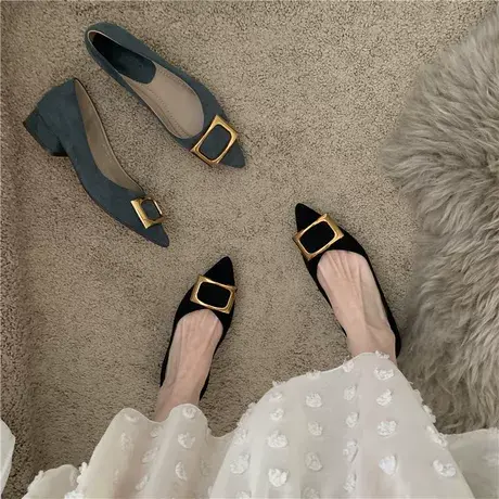 设计感小众气质高跟鞋2022年秋冬季新款尖头金属扣低跟单鞋女鞋商品大图