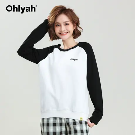 Ohlyah品牌 白色卫衣女简约百搭插肩拼接长袖打底衫团队班服定制商品大图