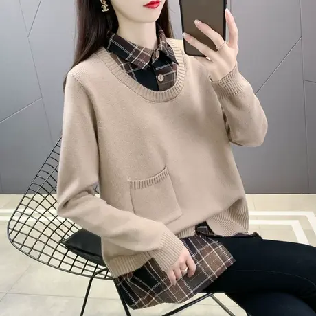 假两件上衣女士针织衫秋季2023新款秋冬衬衫领毛衣长袖春秋打底衫商品大图