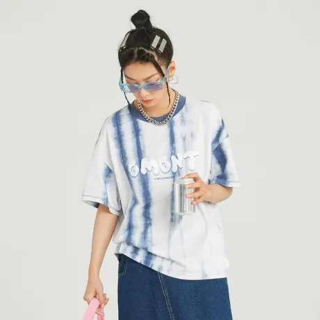 omont蛋挞家复古圆领扎染短袖t恤女夏新款宽松设计感甜酷女孩上衣商品大图