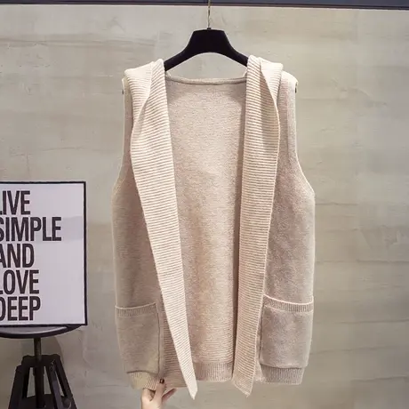 中长款连帽针织开衫马甲背心女2023春秋新款宽松外穿马夹毛衣坎肩商品大图