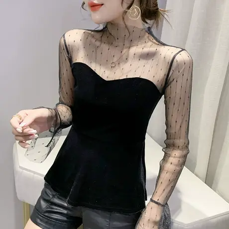 网纱拼接金丝绒T恤女长袖春秋性感镂空气质上衣内搭半高领打底衫商品大图