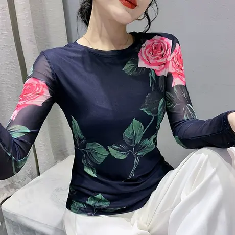 欧货网纱长袖上衣女春秋时尚圆领打底衫内搭显瘦修身印花漂亮T恤商品大图