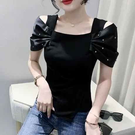 性感一字肩短袖t恤女2023新款设计感小众网红上衣不规则收腰小衫图片