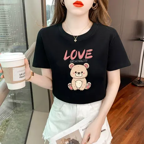 小熊短袖t恤女夏装2023新款美式复古宽松设计感半袖正肩纯棉上衣商品大图