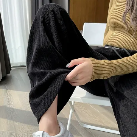 黑色雪尼尔阔腿裤女2023年春秋新款高腰直筒宽松显瘦休闲条绒裤潮图片