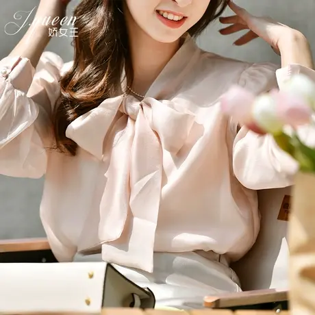 雪纺衬衫上衣女秋季新款甜美气质蝴蝶结立领显瘦泡泡袖长袖衬衣商品大图