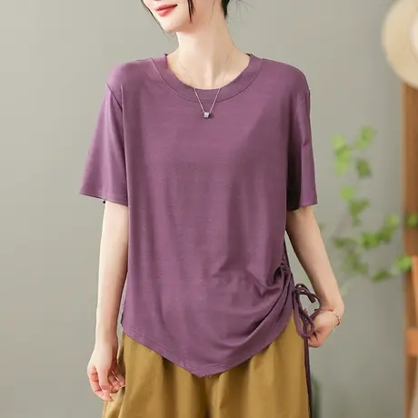 dza复古不规则短袖T恤女2023夏薄款抽绳打底体恤宽松显瘦套头上衣图片