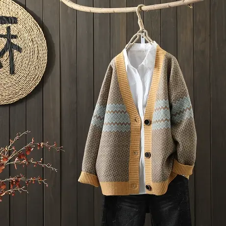 枫谜2021年秋冬新款文艺韩版提花针织毛衣开衫女宽松加厚毛线外套图片