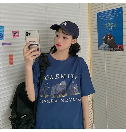 个性bf风美式复古潮短袖T恤女夏季新款百搭学院风宽松情侣上衣商品大图