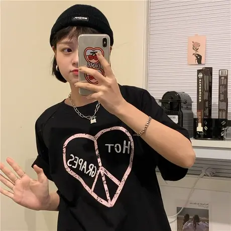 红续~2023夏装新款字母宽松百搭bf圆领牛角袖短袖T恤女上衣温柔风图片