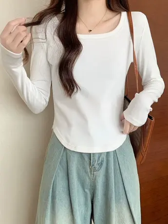 长袖t恤女春秋装2023新款冬季辣妹不规则短款修身内搭打底衫上衣图片