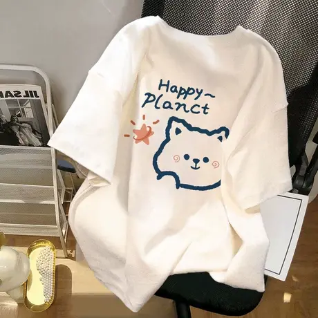 纯棉白色短袖t恤女夏季2023新款小众设计感圆领宽松港味chic上衣图片