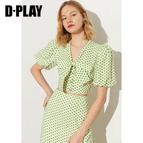 DPLAY夏新款ins风奶油白绿波点高腰领口系带蝴蝶结小衫图片