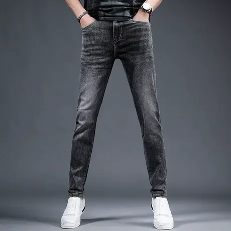 牛仔裤男夏季薄款弹力深灰2023新款修身小脚韩版高弹力男生牛仔裤图片