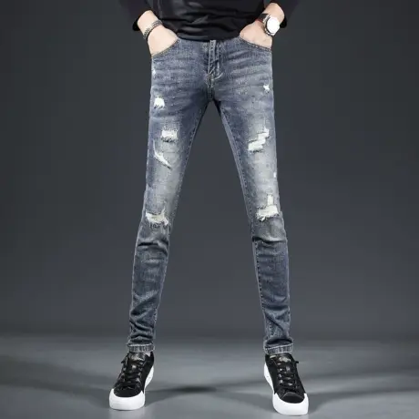 蓝色破洞牛仔裤男2023新款秋季爆款修身小脚时尚潮牌男士裤子痞帅商品大图
