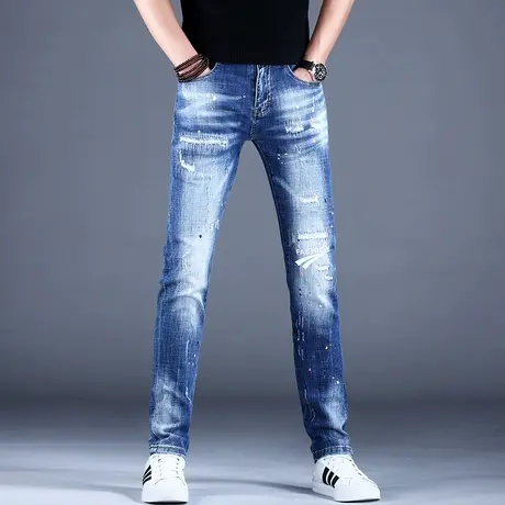 2023男士新款破洞补丁牛仔裤男春秋修身小脚印花高端潮牌春秋裤子图片