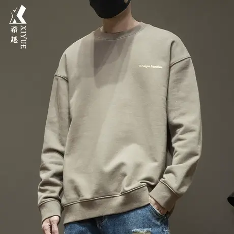 希越运动卫衣男卡其色秋冬新款上衣男士宽松加绒加厚内搭打底衫潮商品大图